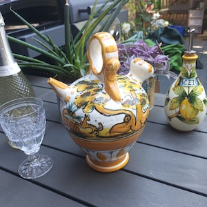 Italian wine flask, rustic pottery, Mediterranean colours. Outstanding tabletop decanter.