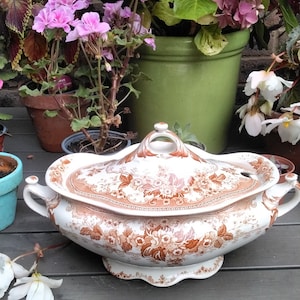 Puede incluir: Una fuente de servir de porcelana blanca con un patrón floral marrón. La fuente tiene una tapa y dos asas. La fuente está sentada sobre una mesa de madera.