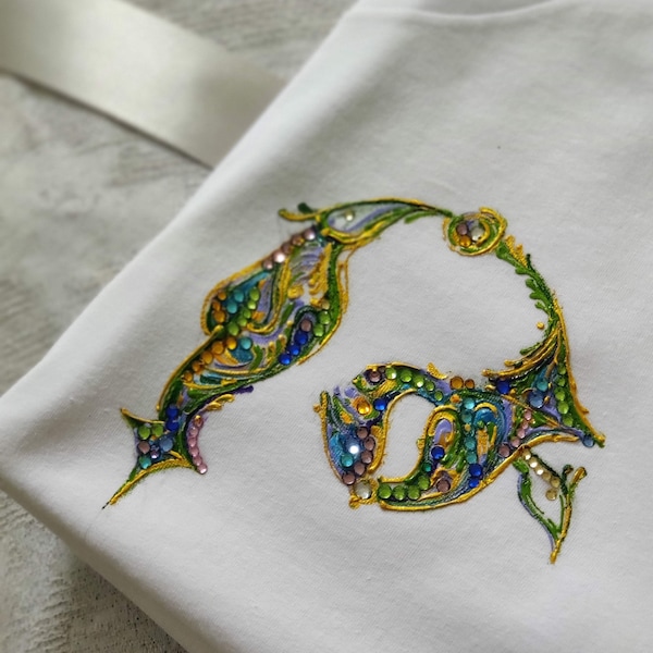 Hand-painted T - shirt with Decorative Rhinestones & Custom Designs