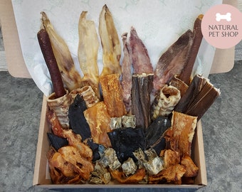 Natural Dog Treats Box- Rabbit Ears, Pigs Ear Strips, Liver, Sausage, Venison Skin Chews, Fish Cubes