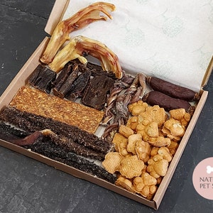 Natural Pet Shop Letterbox Treat Box - liver, chicken sausage, tripe chews, duck strips, biscuits