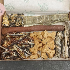 Dog Treats Fish Box- Flattie, Salmon, Sprats, Skin Cubes, Sausage, All Natural