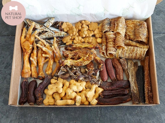 Jumbo Natural Dog Treats Box- Sprats, Sausages, Venison Chews, Liver, Fish  Cubes, Trachea, Tripe, Chicken Feet and Necks