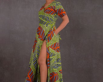 Long wrap dress in green wax