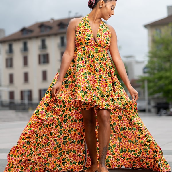 Robe de soirée- Floral Ankara Maxi Dress- African Printed maxi - Outwear for Night Party -  Short bottom maxi Gift for her -Made-to-Measure