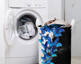 SF_D98 Round Laundry Basket Blue Butterflies on black and white