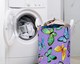 Round Laundry Basket featuring Colorful Butterfly Design, Perfect Home Decor, Great Gift Idea