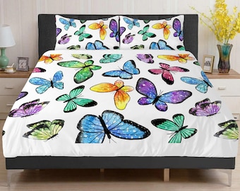 Butterfly Theme Bedding, Floral Comforter Set, Home Decor Gift Idea, Nature Inspired Bedspread