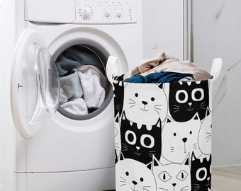 SF_D98 Round Laundry Basket black white  cats