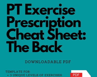 Può includere: Uno sfondo blu turchese con testo bianco che recita "PT Exercise Prescription Cheat Sheet: The Back". Sotto il testo c'è una casella bianca con testo nero che recita "DOWNLOADABLE PDF". Sotto la casella c'è un elenco di punti elenco con informazioni sul PDF scaricabile. Sul lato destro dell'immagine c'è un rettangolo rosso con la parola "PDF" in testo bianco.