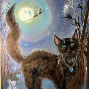 Ukraine art Ukrainian artistHalloween Black Cat Witch's Broom 40 × 50 cm Gift.Canvas.Oil.Palette knife.Hand-painted cheap