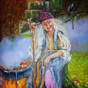 Baba Yaga 60×80cm.a large oil painting,a goat from a Russian fairy tale,a humorous gift for his wife,girl,mother,girl,sister,employee,boss