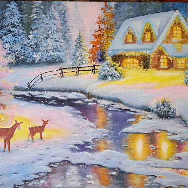 Copie de Thomas Kinkade.60×80 cm.maison au bord du ruisseau Noël Peinture à l'huile 100% faite à la main basée sur celle de Thomas Kinkade de "Deer Creek Cottage"