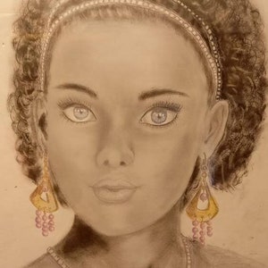 bella giovane ragazza africana disegno a matita. tecnica mista. pennello asciutto olio carta A3 30 × 42 dipinto ritratto arredamento interno sul muro