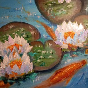 Water Lily Carp Koi Fish abstract Painting japanese chinese Monet Pond Landscape Oil Painting impasto impressionism Ukrainian artist 24×30cm