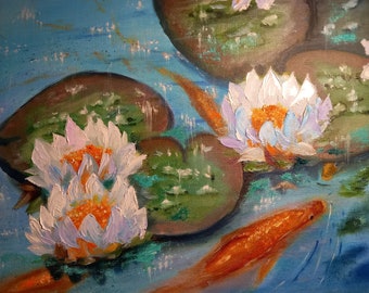 Water Lily Carp Koi Fish abstract Painting japanese chinese Monet Pond Landscape Oil Painting impasto impressionism Ukrainian artist 24×30cm