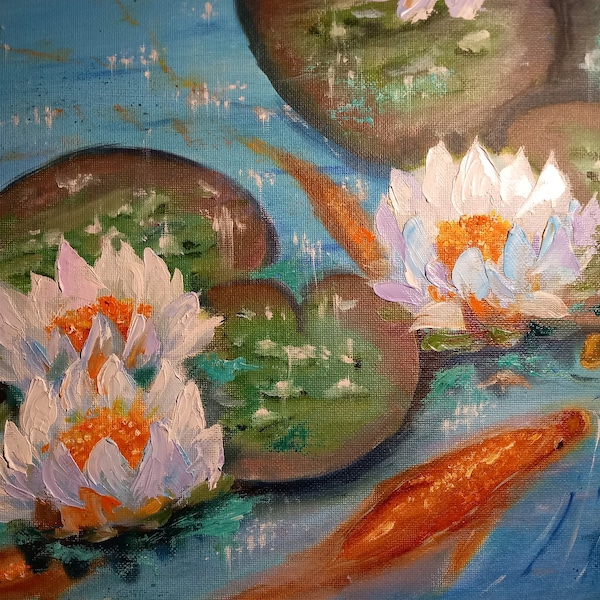 Seerose Karpfen Koi-Fische abstrakte Malerei Japanisch Chinesisch Monet Teich Landschaft Ölgemälde pastosen Impressionismus Ukrainischer Künstler 24×30cm