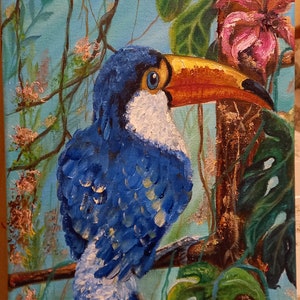 Ukraine art Artiste ukrainien oiseau toucan peinture à l'huile sur toile 100% fait main décoration cadeau sur le mur ou les meubles 20×30cm.