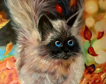 Ukraine art Ukrainian artistFluffy kitten of the Nevsky Masquerade, walking through the autumn foliage 40×50 cm.