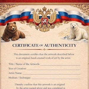 Russian Certificate of Authenticity for paintings and original artworks. Classic document format suitable for artists, collectors, and profe