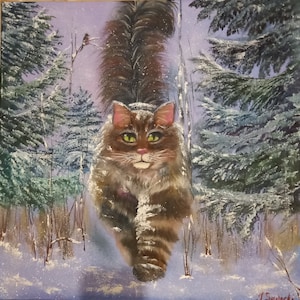 gato, mascota en la nieve, pintura al óleo, gato siberiano 60 × 60 paisaje de invierno retrato de animal regalo para los amantes de los gatos árboles de Navidad árboles grandes