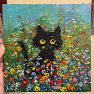 Gustav Klimt chat noir dans les fleurs Art original Monet Art mural Fleur Œuvre d'art Peinture 15 x 15 cm peinture drôle de chat art or fait à la main