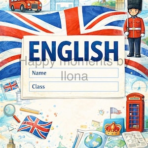 May include: A notebook cover with a British theme, featuring a red double-decker bus, the Union Jack flag, Big Ben, and a royal guard. The word "ENGLISH" is prominently displayed, with space for a name and class.