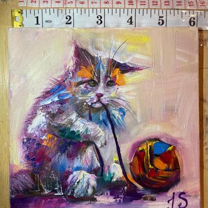 chaton avec une pelote de fil peinture à l'huile abstraite chat coloré cadeau pour la Saint Valentin taille 15x15 cm félicitations pour une petite amie gif