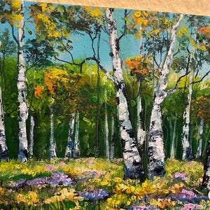 Peinture à l'huile de bouleaux ukrainiens, paysage vibrant, peinture colorée de rainures de bouleaux, parc de bouleaux d'automne, œuvre d'art originale texturée impasto