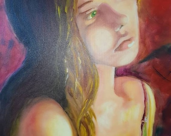 Niña a la luz de las velas 50×70 cm.Gran cuadro al óleo sobre lienzo sobre bastidor hecho a mano original regalo de cumpleaños decoración madre retrato interior