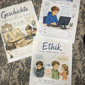 以下が含まれることがあります： Informatik、Geschichte、Ethikと題された3枚の教育用科目カバー。Informatikはコンピュータに向かう生徒、Geschichteはブランデンブルク門やヘルメットなどの歴史的アイコン、Ethikは子供たちが交流する様子が描かれています。
