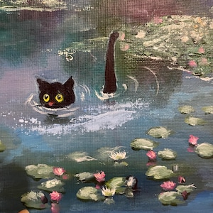 Waterlelie Schilderij Lotus Origineel Kunst Monet Muurkunst Klein Bloem Kunstwerk Vijver Schilderij 15 x 15 cm zwarte kat schilderij grappige poes kunst goud