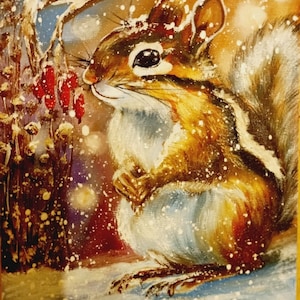 Ardilla de invierno animales salvajes retrato la ardilla de nieve tarjeta de felicitación pintura al óleo regalo de Navidad 100% hecho a mano 18×24 cm.