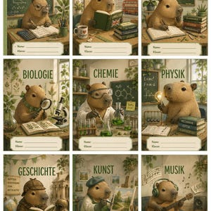 May include: A set of nine educational school subject labels featuring capybaras in various classroom settings. Each label includes a subject title in German, such as Mathematik, Englisch, Deutsch, Biologie, Chemie, Physik, Geschichte, Kunst, and Musik, along with a blank name and class field at the bottom for student identification.