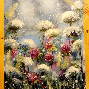 fleurs sauvages des prés dans la neige carte de voeux peinture à l'huile cadeau de Noël 100% fait main 18×24 cm.
