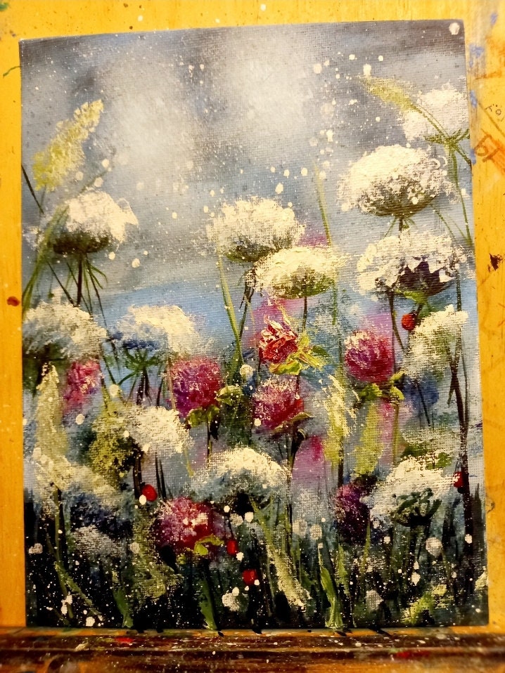 meadow wildflowers in the snow greeting card oil painting Christmas gift 100% handmade 18×24 cm.