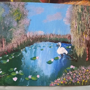 Waldsee Seerosen weißer Reiher Ölgemälde auf Leinwand auf Carton gespannt 24 × 30 cm 10 × 12 Zoll Handgemachte Landschaft Wald Seestück Tier
