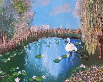 Waldsee Seerosen weißer Reiher Ölgemälde auf Leinwand auf Cartón gespannt 24 × 30 cm 10 × 12 Zoll Handgemachte Landschaft Wald Seestück Tier