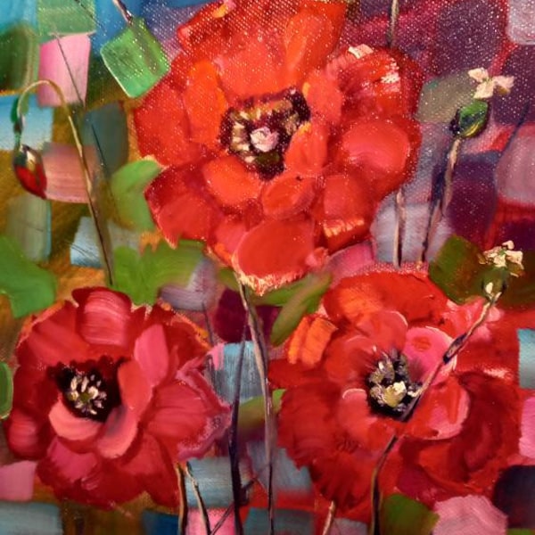 Mohnblumen rot wild, helle Akzente, abstrakte Blumen, Ölgemälde auf Leinwand, Geschenk für Mutter, Frau, Mädchen, Zimmerdekoration, schöne Verzierung, 24 × 30 cm.impa