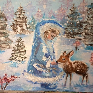 Fille nourrissant le cerf noël hiver paysage carte de voeux peinture à l'huile sur toile nouvel an cadeau arbre de neige