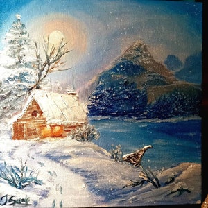 carte de voeux pour noël cadeau pour la famille image maison dans la forêt enneigée lac belle épinette huile toile sur carton couteau à palette origine