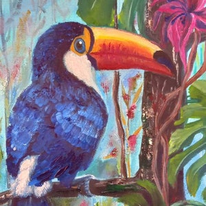Ukraine art Artiste ukrainien oiseau toucan peinture à l'huile sur toile 100% fait main décoration cadeau sur le mur ou les meubles 18×24 cm.