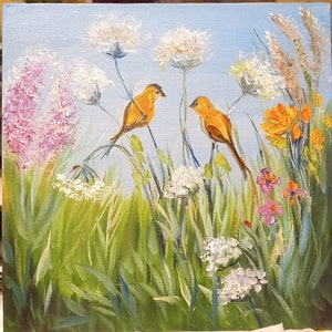 pássaros em um galho Flores silvestres em um prado 20×20 cm tela a óleo sobre papelão decoração de interiores aniversário para a mãe foto presente barato cartão postal congr
