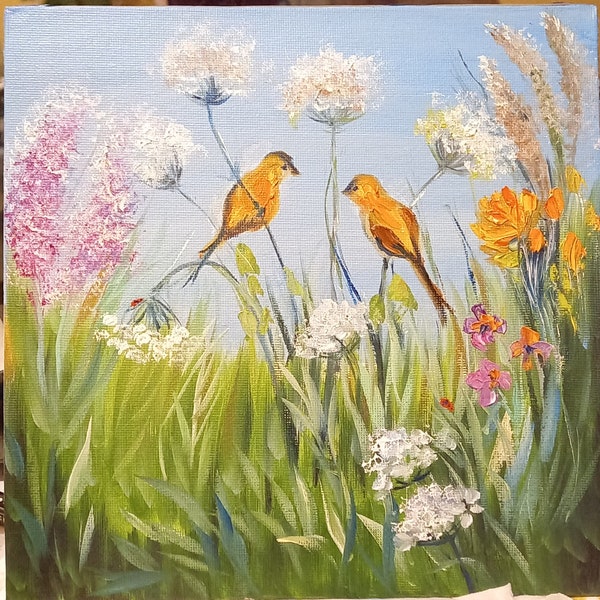 oiseaux sur une branche Fleurs sauvages dans un pré 20×20 cm toile à l'huile sur carton décoration intérieure anniversaire pour maman photo cadeau pas cher carte postale congr