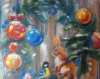 Christmas wreath with bird and squirrel.Painting gift oil paints on canvas stretched on a stretcher 40 × 40cm.16 × 16inch.best Christmas gif