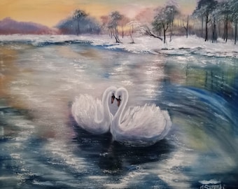 White swans symbol of fidelity and love 70 × 50 cm oil painting gift to a loved one lake pond landscape with swans Ukraine artist winter