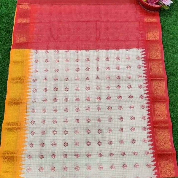 Sari en coton madurai, blanc avec bordure Ganga Jamuna rouge/jaune et bloc à main, beau body blanc cassé avec jari à carreaux, sari pour tenue de fête