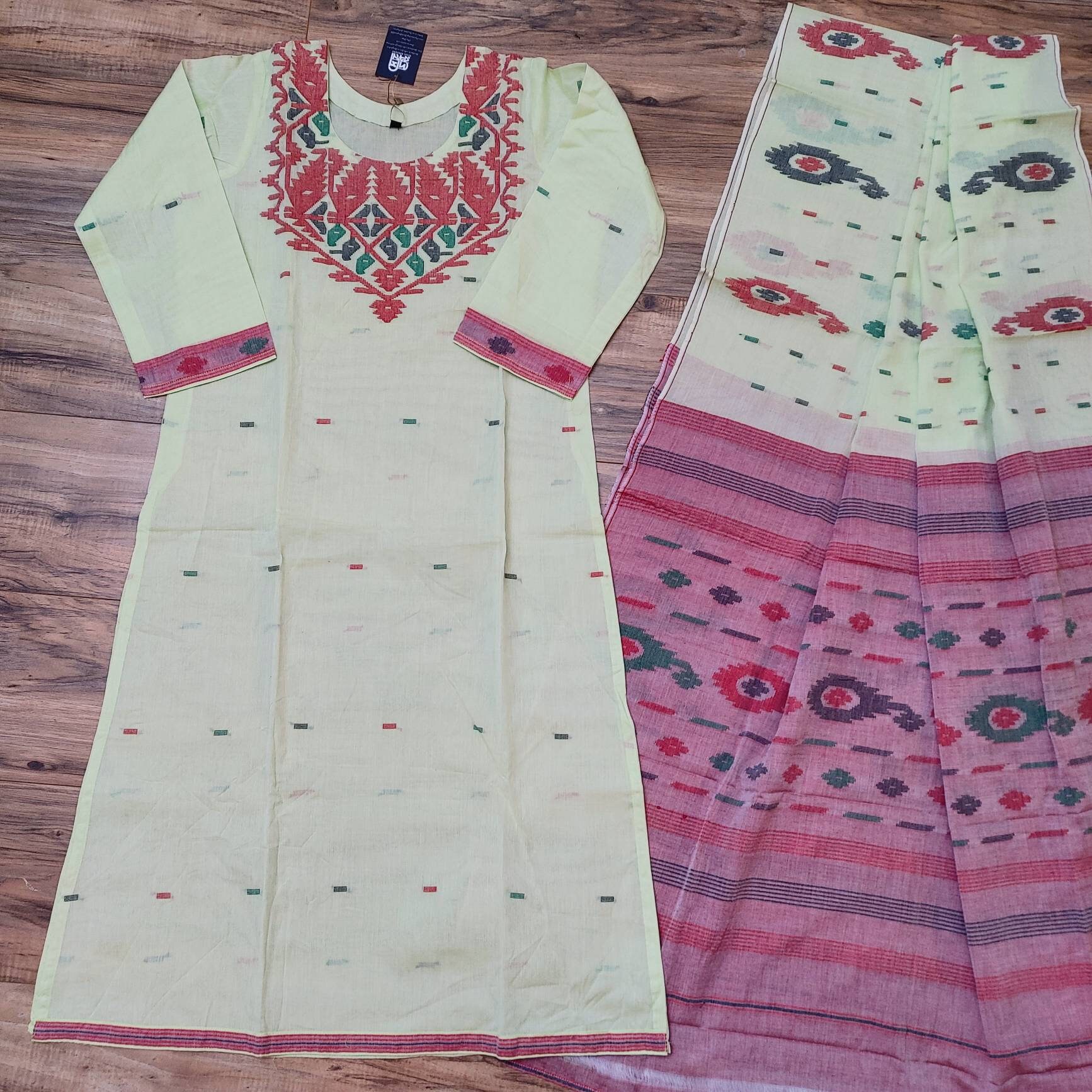 Ranihati Cotton Chapa Work Tagai Phulkari Embroidered Unstitched Kurti  Material (2.35 M) by ITOKRI CRAFTS INITIATIVE l iTokri आई.टोकरी