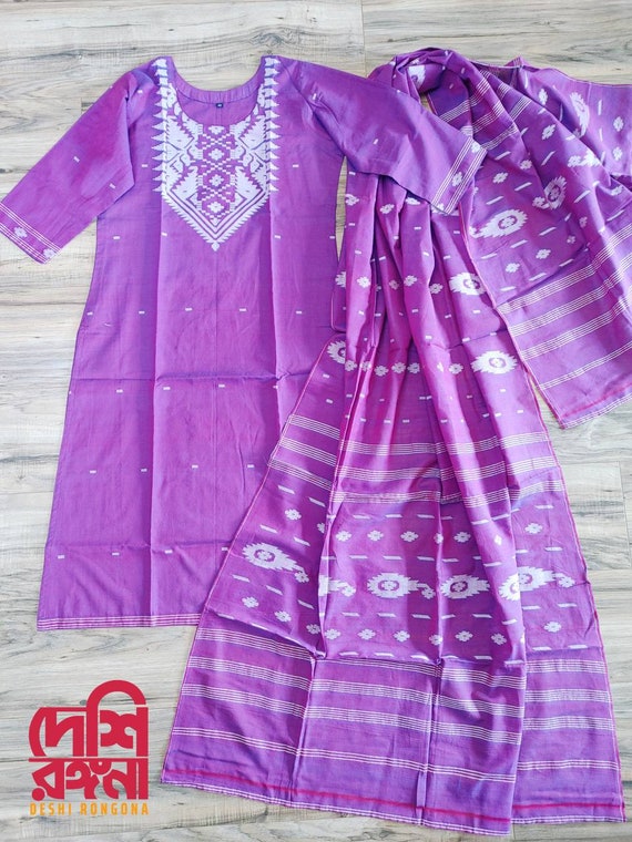 Jamdani silk cotton 2 piece salwar suit material in cream