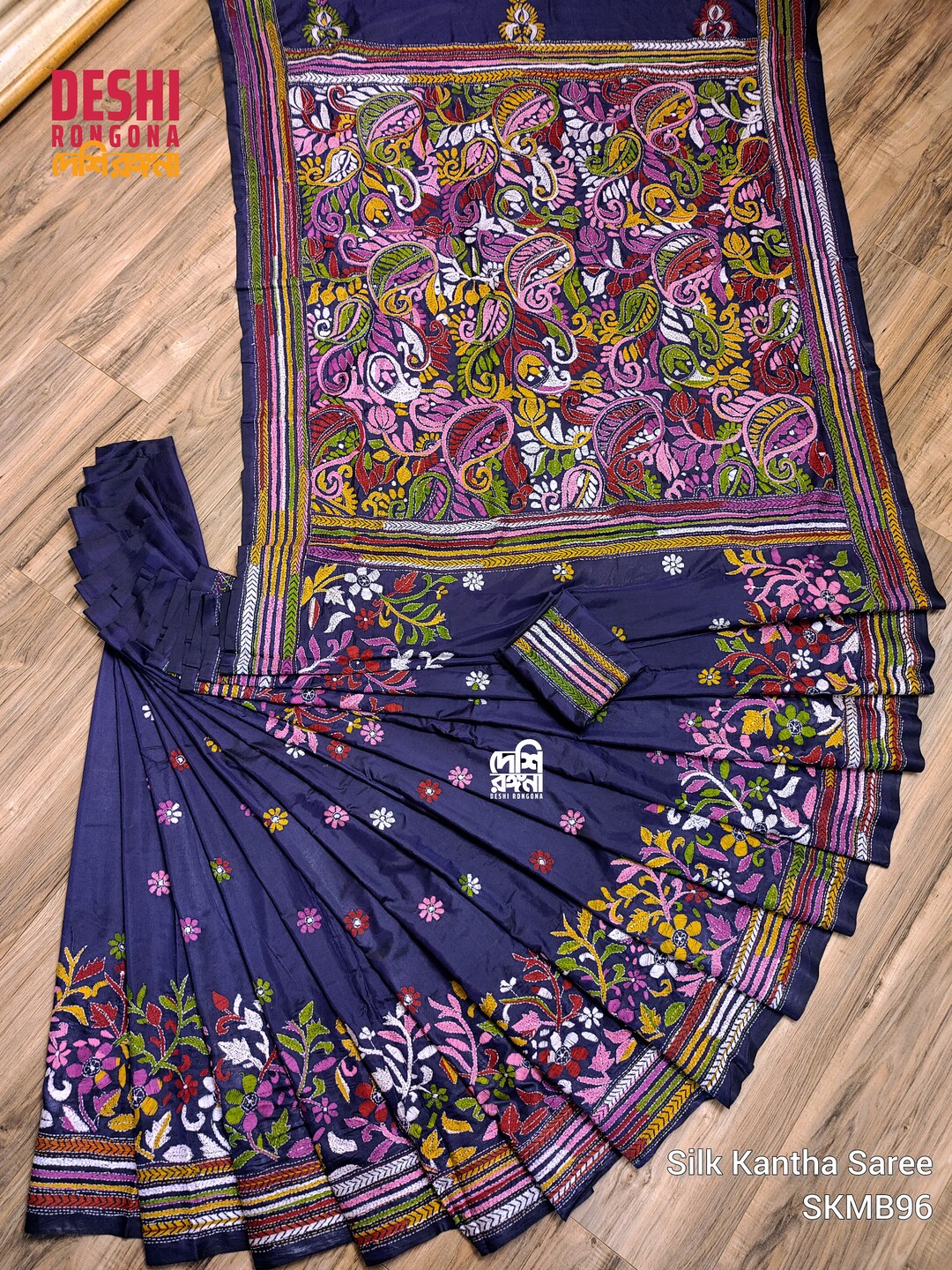 Silk Kantha Saree, Midnight Blue Bangalore Silk With Hand Stitched ...